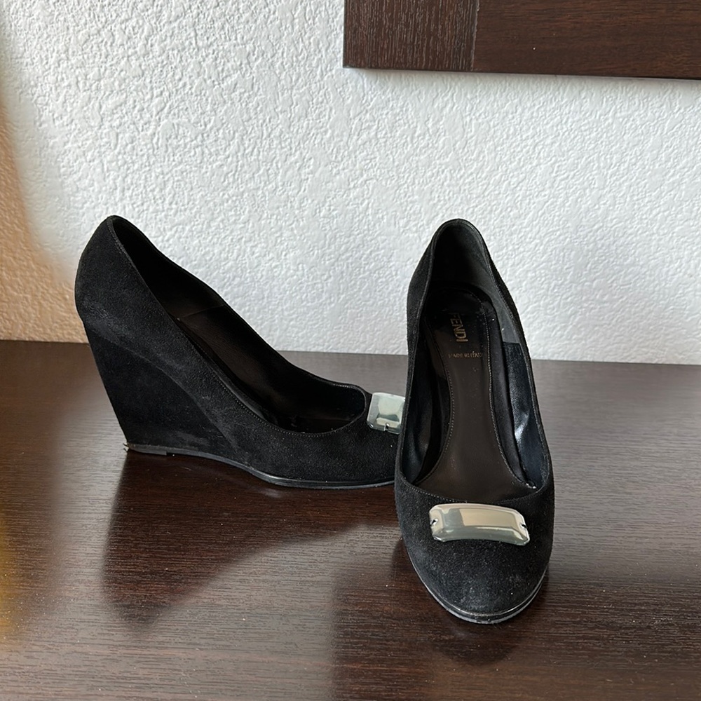 AUTHENTIC FENDI black suede wedge
